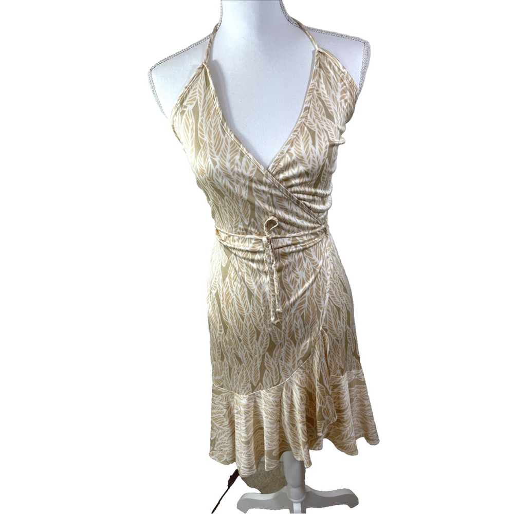 Mara Hoffman 100% Silk Tan Halter Neck High Low Ruffle Wrap Swim Cover Up Sz M